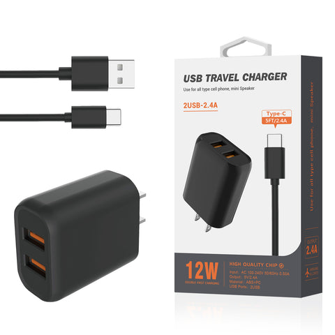 Type C Portable Travel Home Charger With Built In Cable